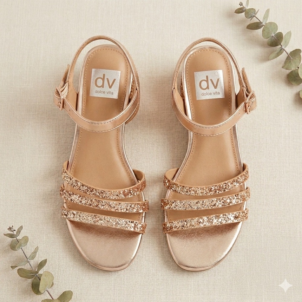 DV Dolce Vita Glee Rose Gold Glitter Block Heel Sandals Girls Size 3 SF1417